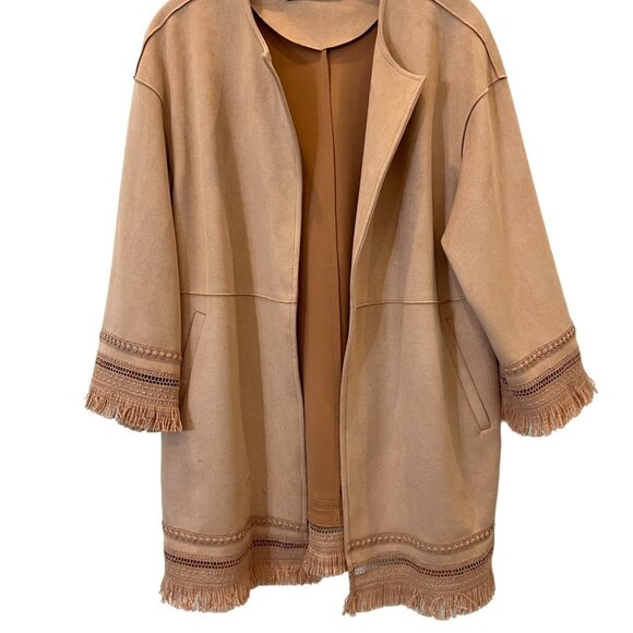 Zara Long Pink Duster Cardigan Jacket 3/4 Sleeves Fringe - Size XS - Picture 2 of 9